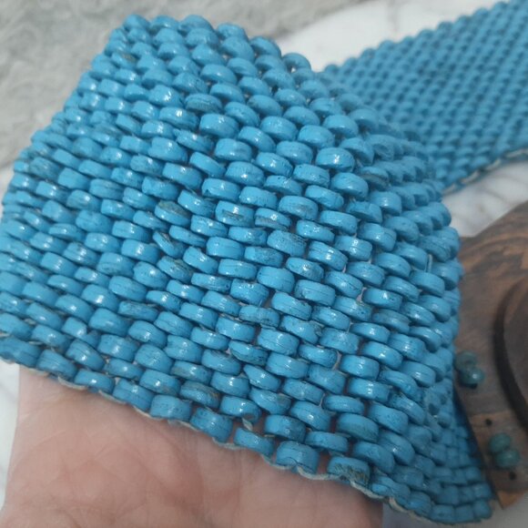 Vintage Boho Turquoise Blue Soft Surroundings Stretch Wooden Beaded Belt - Picture 5 of 7